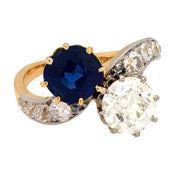 Victorian French GIA diamond no heat sapphire 18k yellow gold toi et moi ring