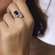 French AGL 3.42 carat no heat sapphire diamond 18k yellow gold toi et moi ring