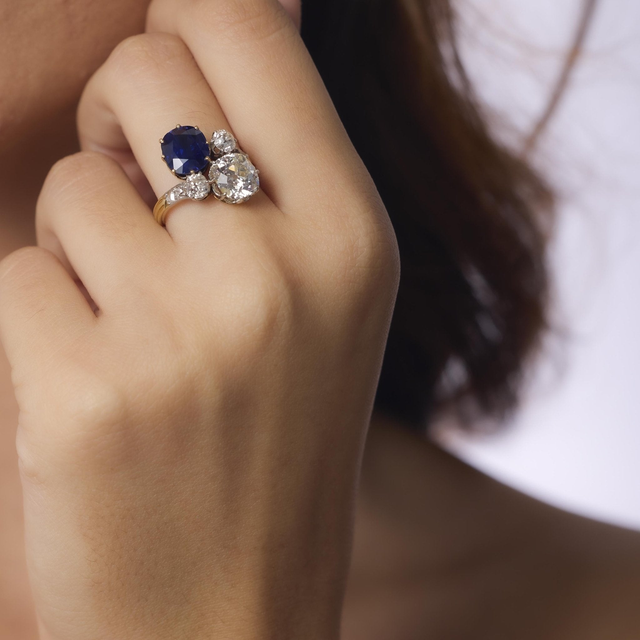French AGL 3.42 carat no heat sapphire diamond 18k yellow gold toi et moi ring
