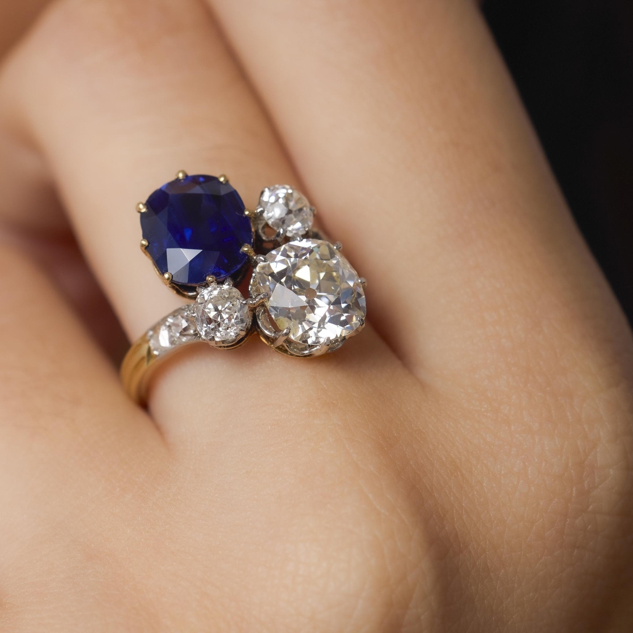 French AGL 3.42 carat no heat sapphire diamond 18k yellow gold toi et moi ring