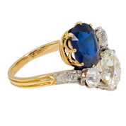 French AGL 3.42 carat no heat sapphire diamond 18k yellow gold toi et moi ring