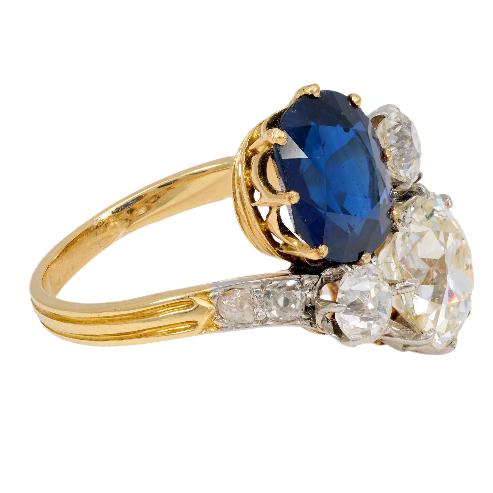 French AGL 3.42 carat no heat sapphire diamond 18k yellow gold toi et moi ring