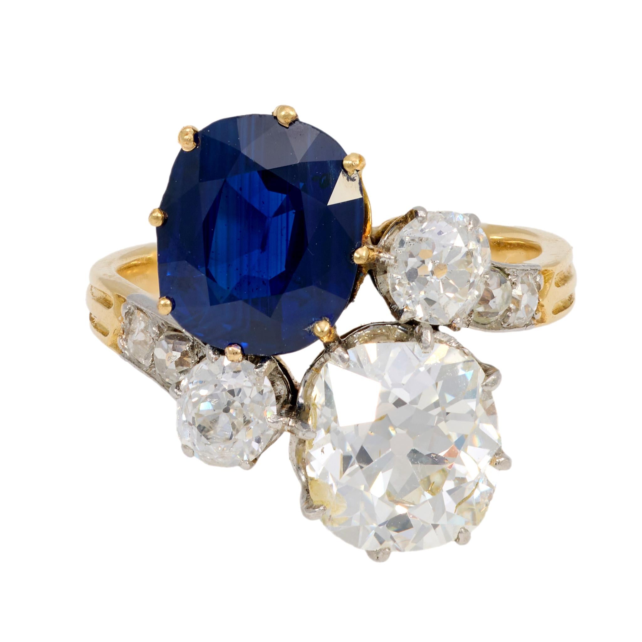 French AGL 3.42 carat no heat sapphire diamond 18k yellow gold toi et moi ring