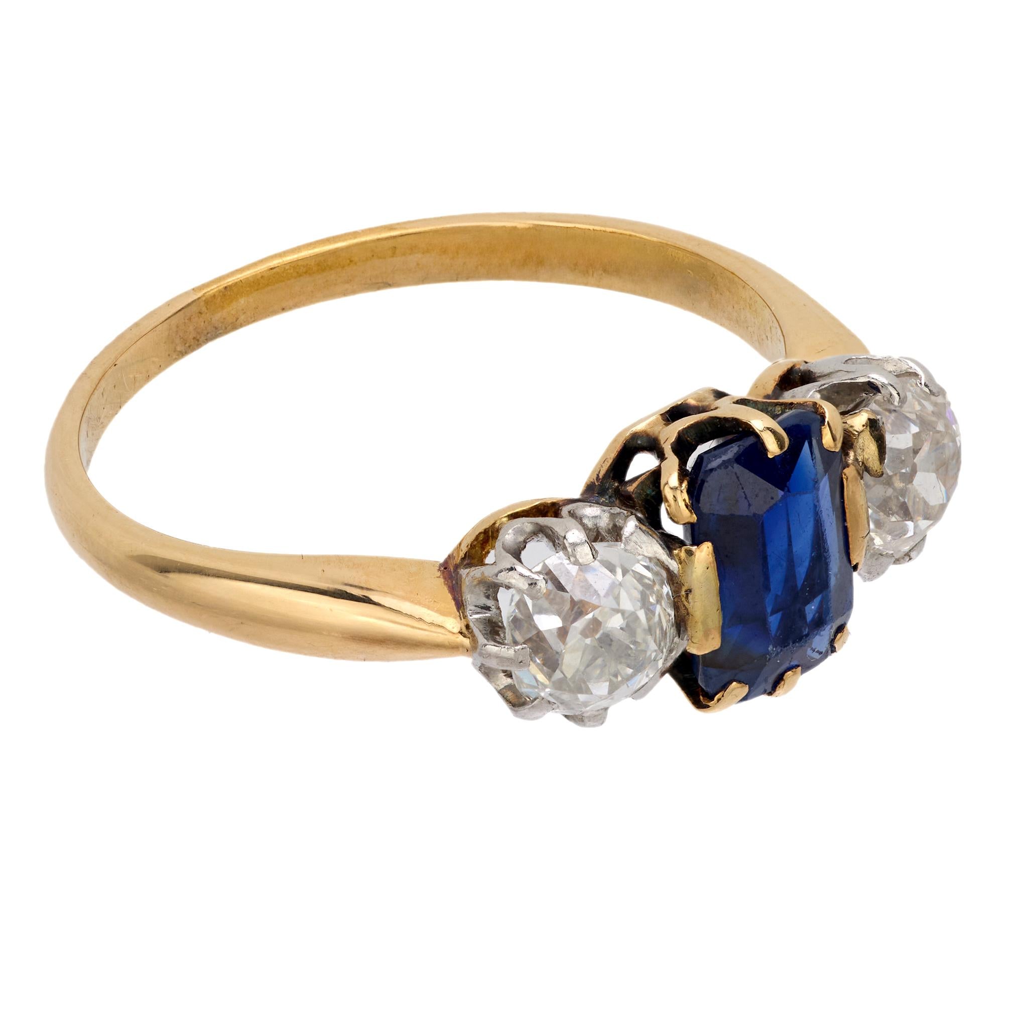Victorian sapphire diamond 18k yellow gold 3 stone ring
