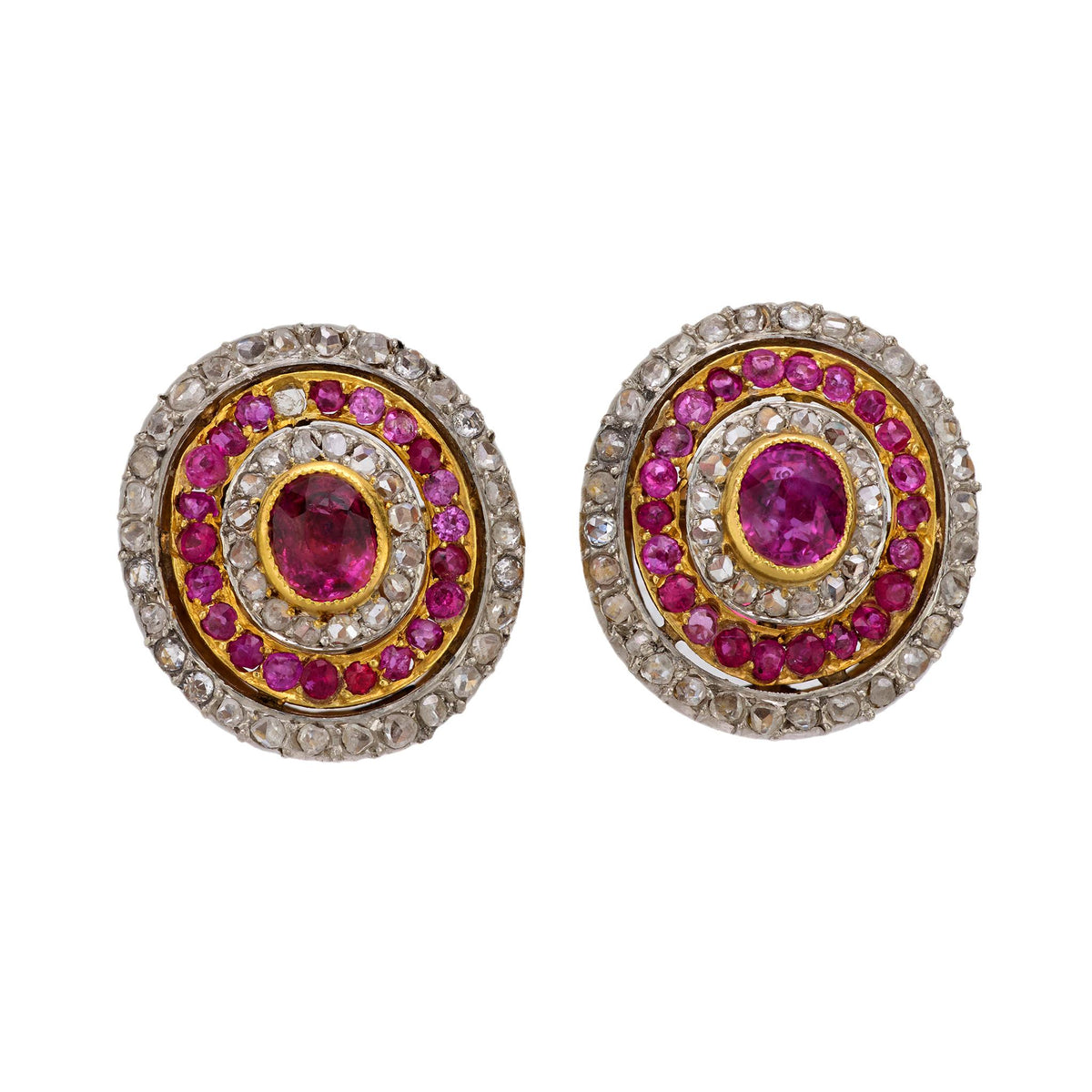 French belle Epoque ruby diamond 18k yellow gold and platinum cluster earrings