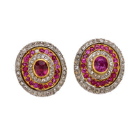 French belle Epoque ruby diamond 18k yellow gold and platinum cluster earrings