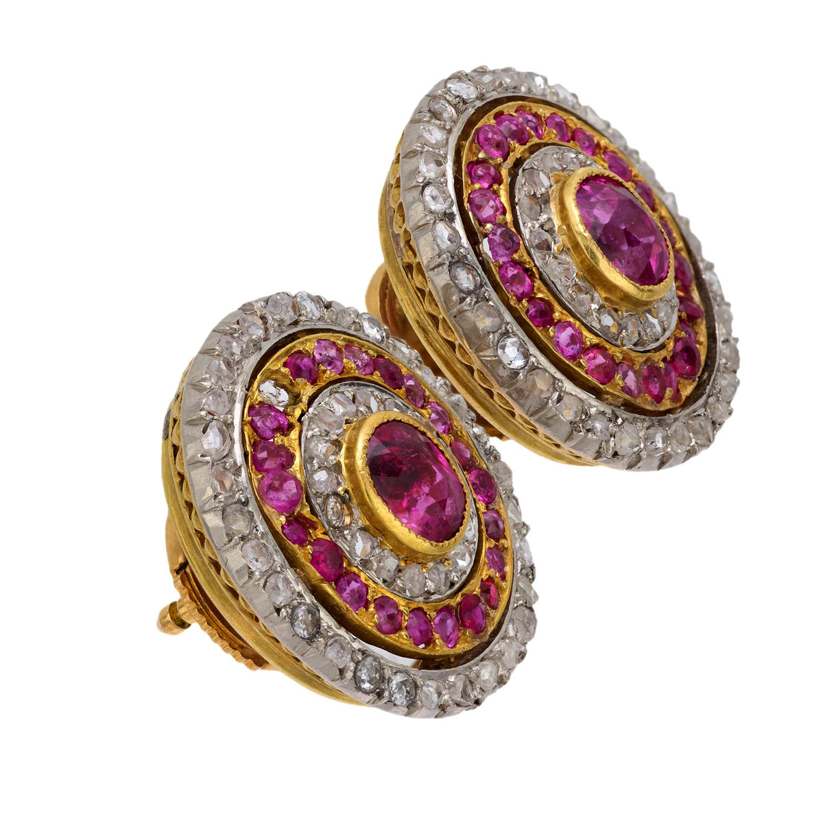 French belle Epoque ruby diamond 18k yellow gold and platinum cluster earrings