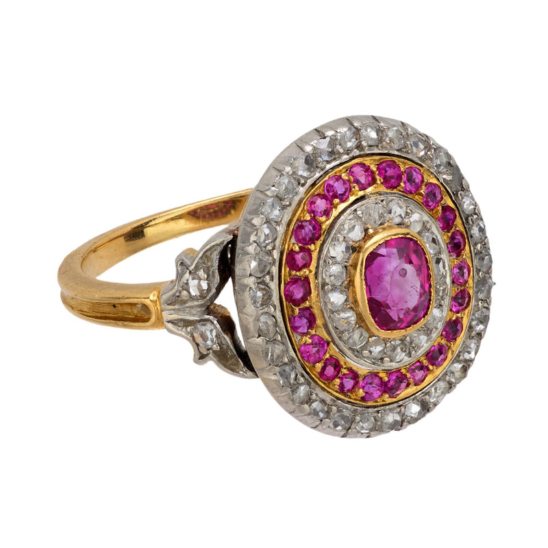 French Belle Epoque ruby diamond 18k yellow gold and platinum cluster ring
