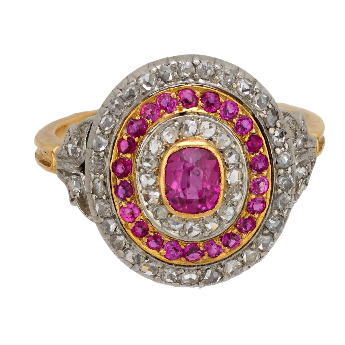 French Belle Epoque ruby diamond 18k yellow gold and platinum cluster ring