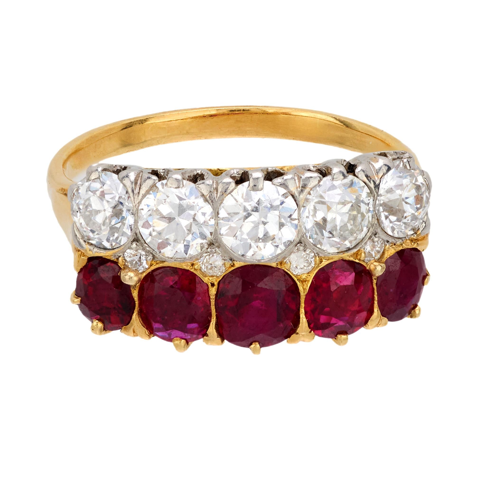 Victorian French 3.45 carat total weight diamond and ruby 18k yellow gold ring