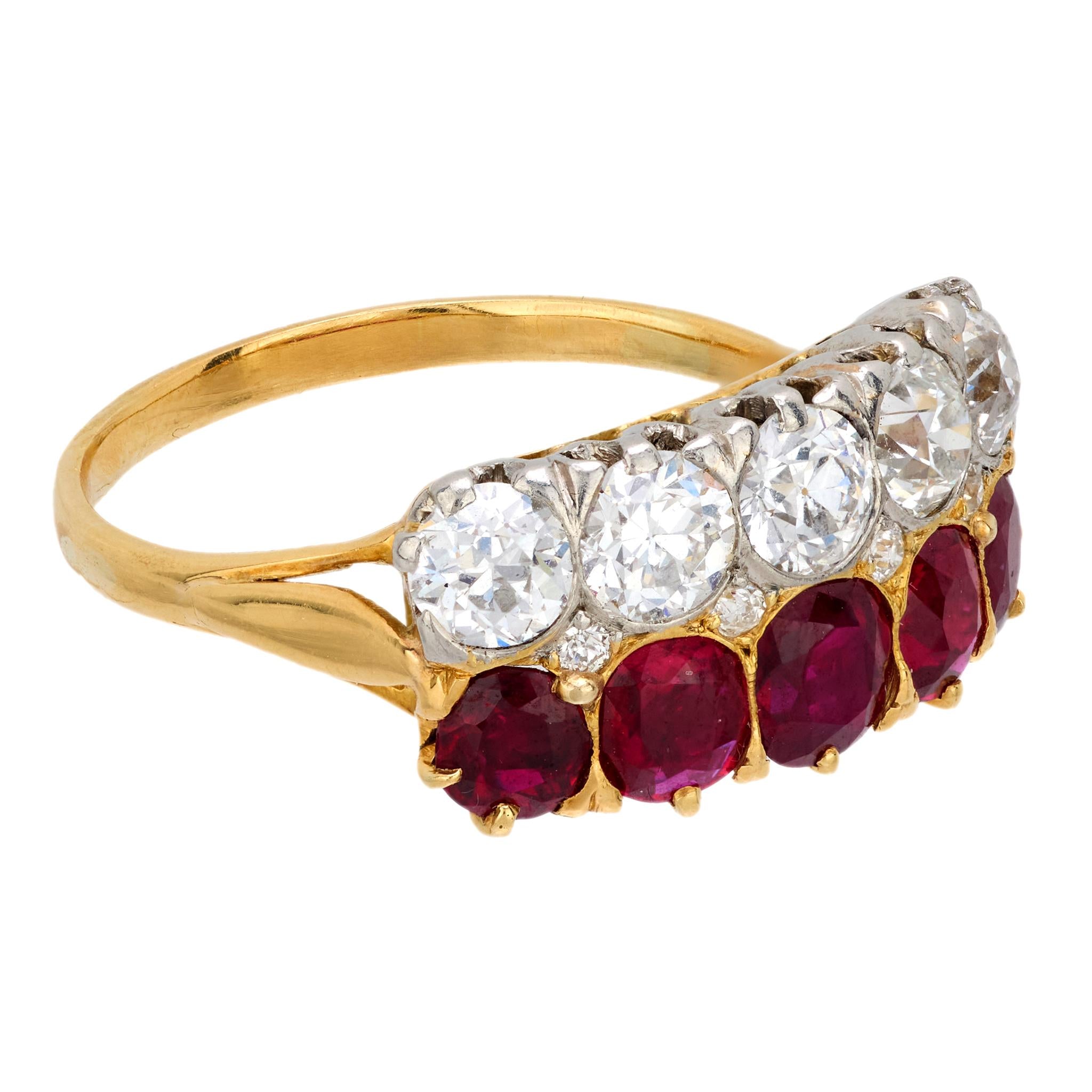 Victorian French 3.45 carat total weight diamond and ruby 18k yellow gold ring