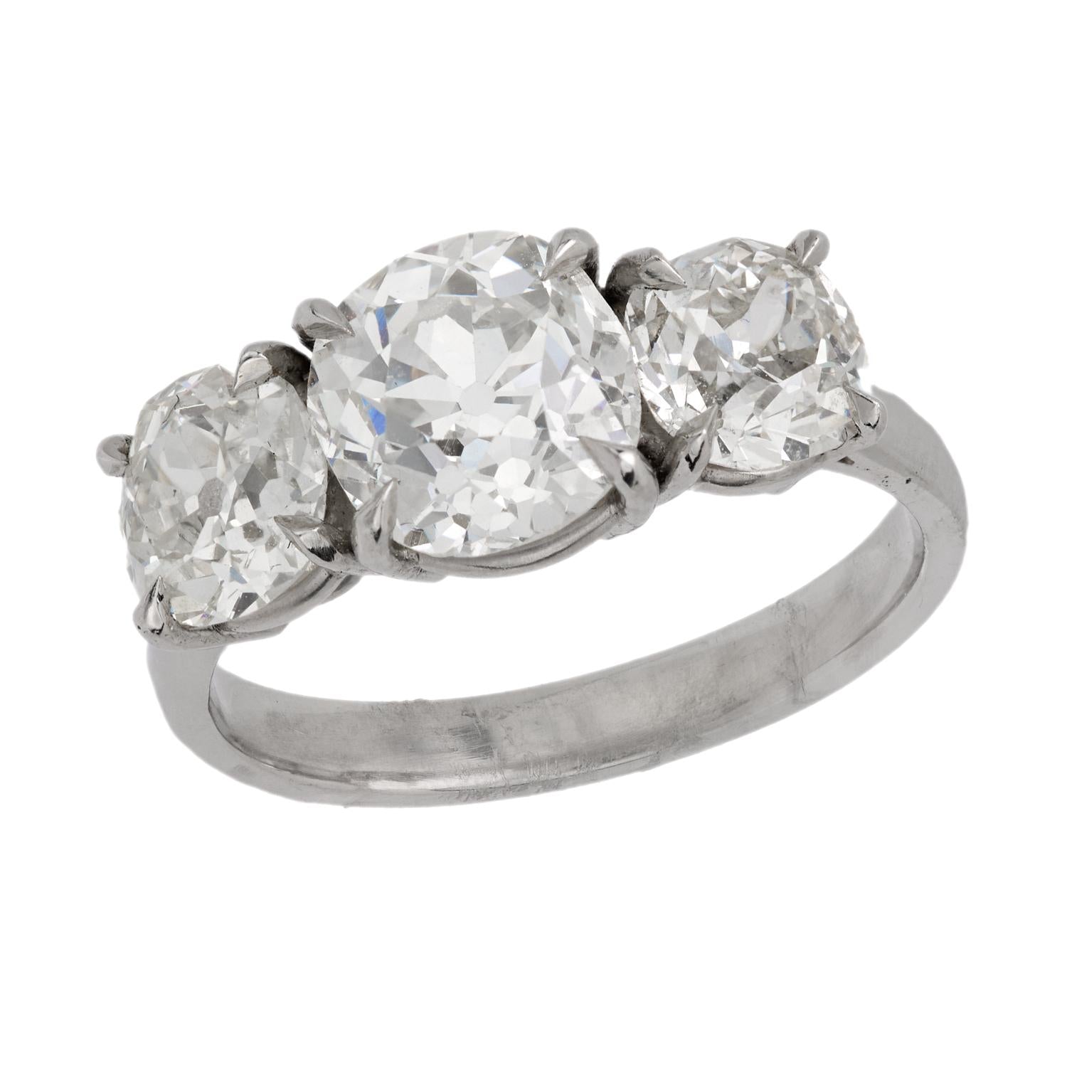 Mid Century 3.61 carat total diamond weight platinum 3 stone ring