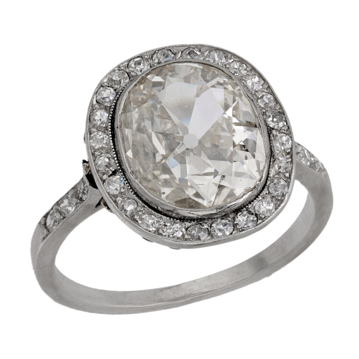 French Belle Epoque 2.50 carat old mine cut diamond platinum engagement ring