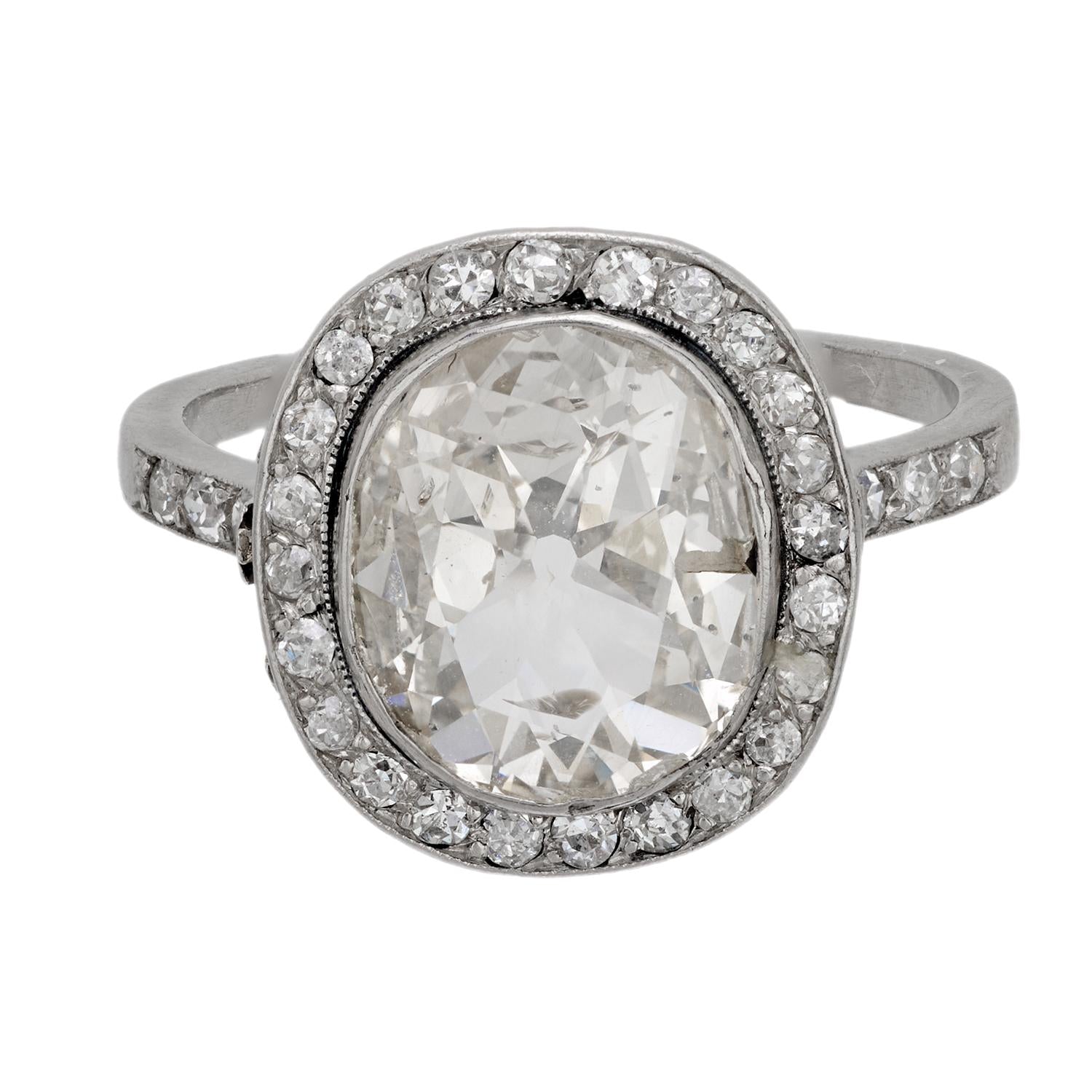French Belle Epoque 2.50 carat old mine cut diamond platinum engagement ring