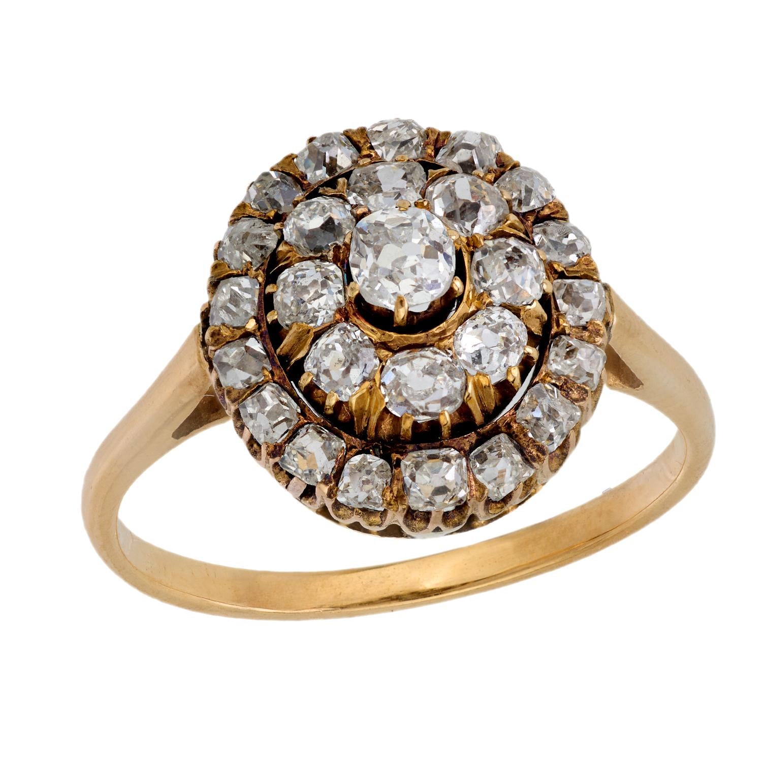 Victorian old mine cut diamond 18k yellow gold cluster ring