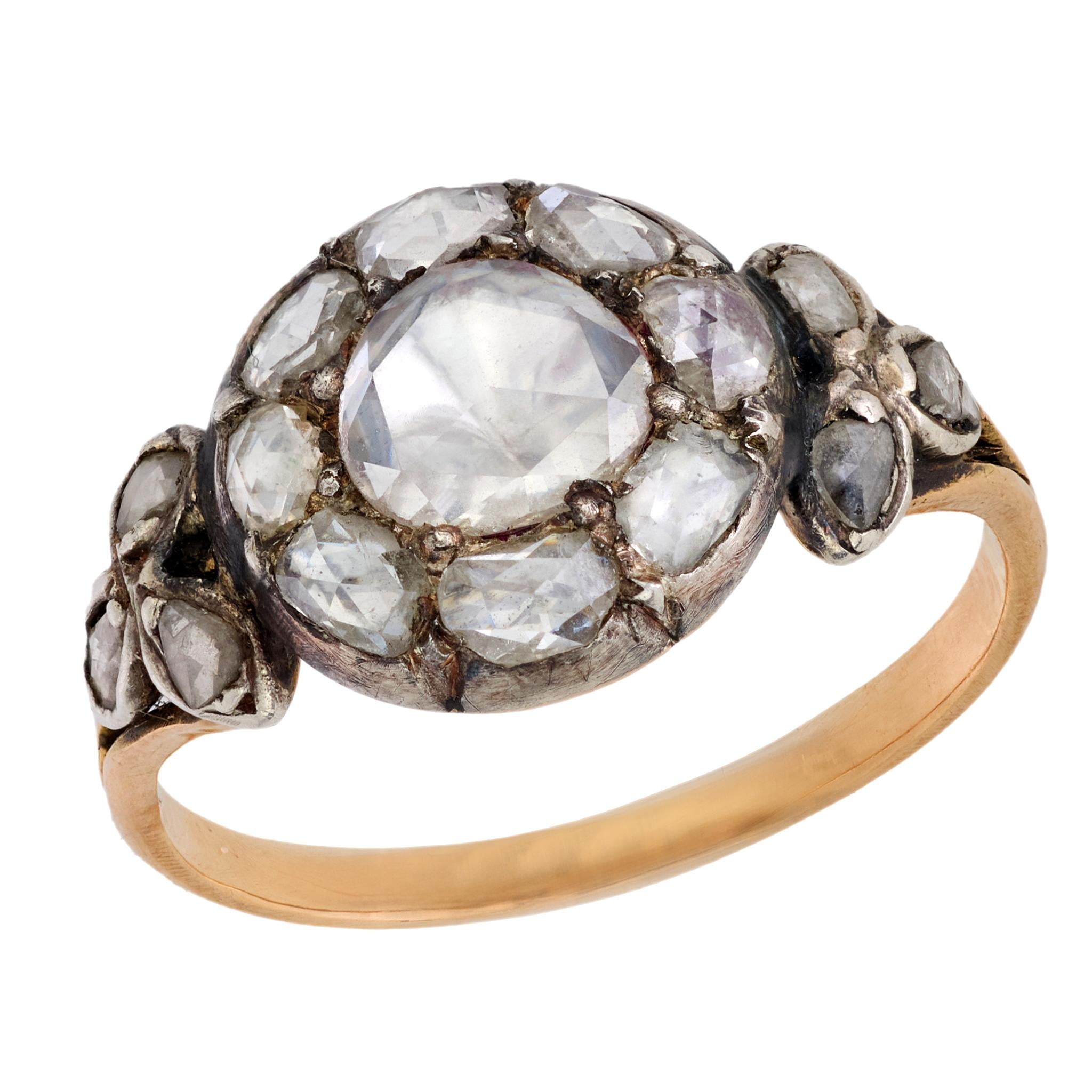 Georgian rose cut diamond 18k yellow gold silver cluster ring