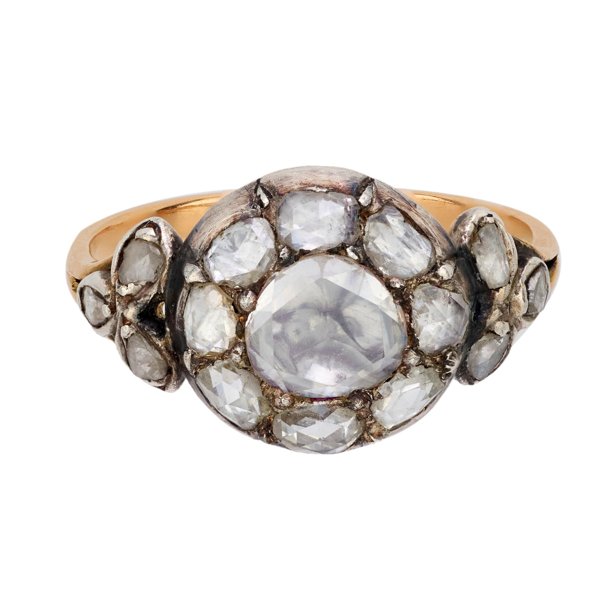 Georgian rose cut diamond 18k yellow gold silver cluster ring