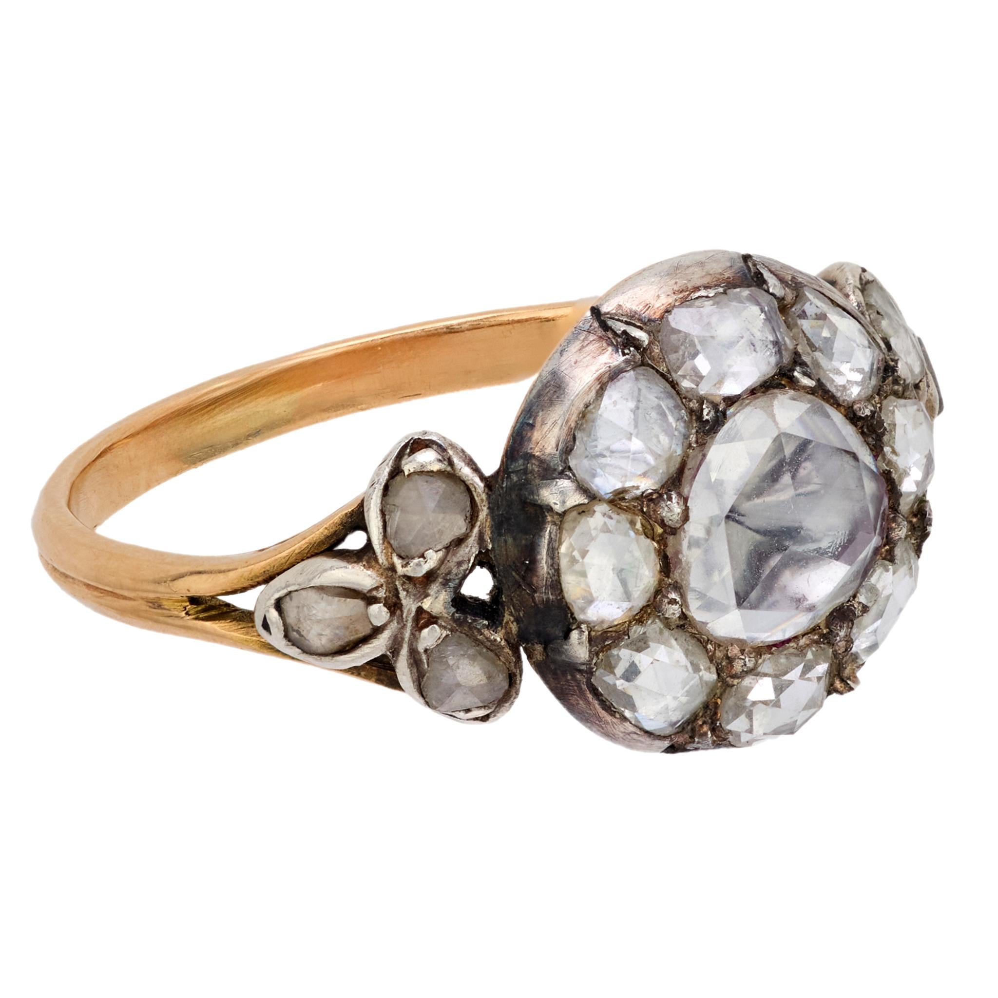 Georgian rose cut diamond 18k yellow gold silver cluster ring