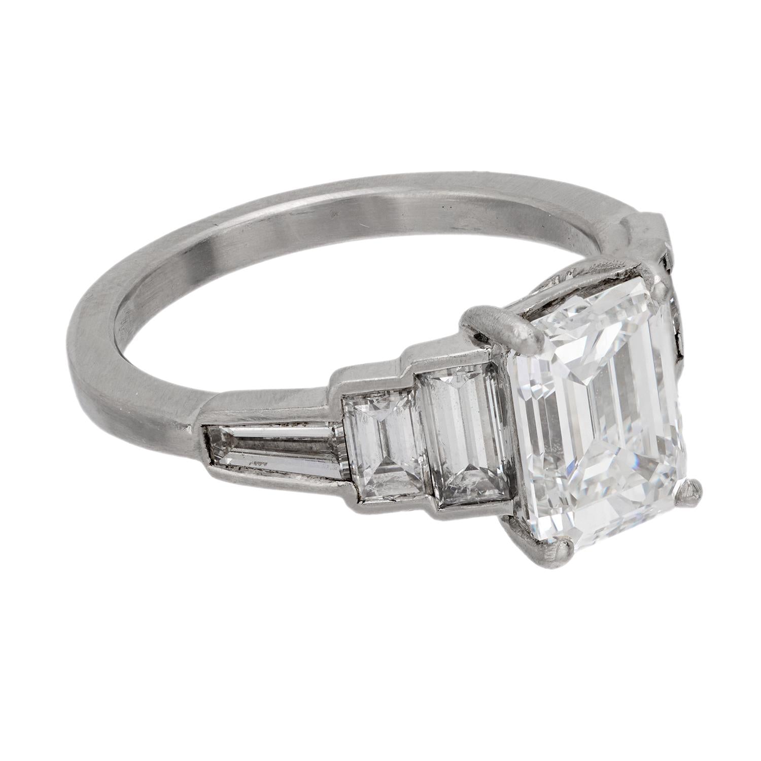 Art Deco GIA 2.01 carat emerald cut diamond platinum engagement ring
