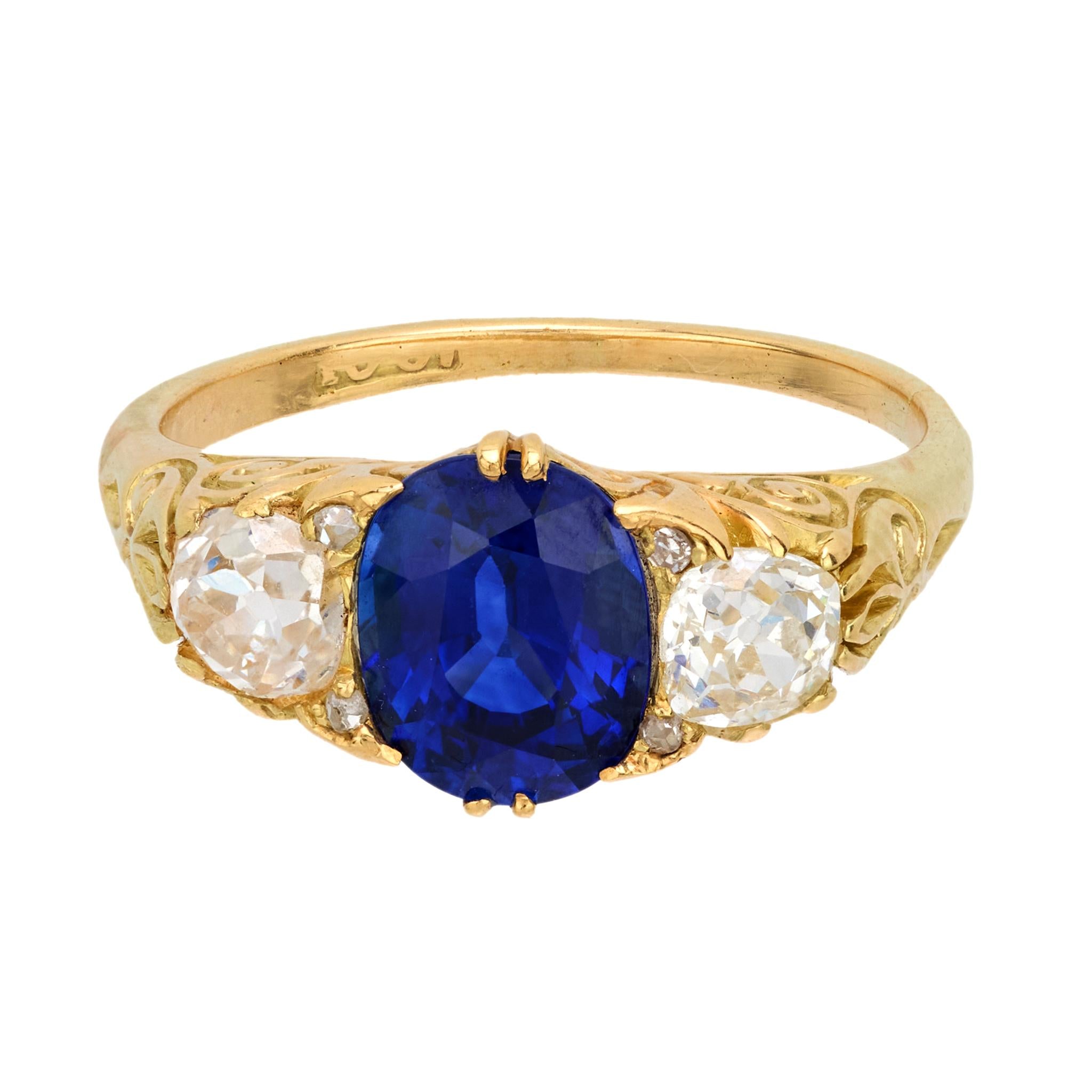 Victorian 2 carat sapphire old mine cut diamond 18k yellow gold three stone ring