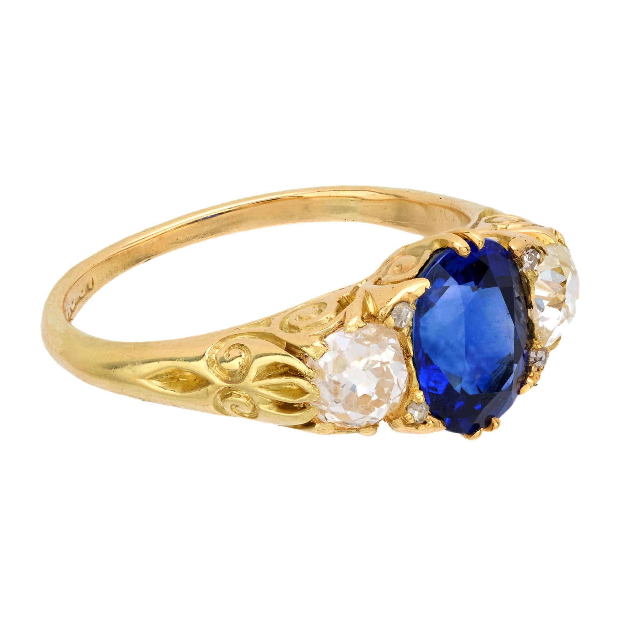 Victorian 2 carat sapphire old mine cut diamond 18k yellow gold three stone ring