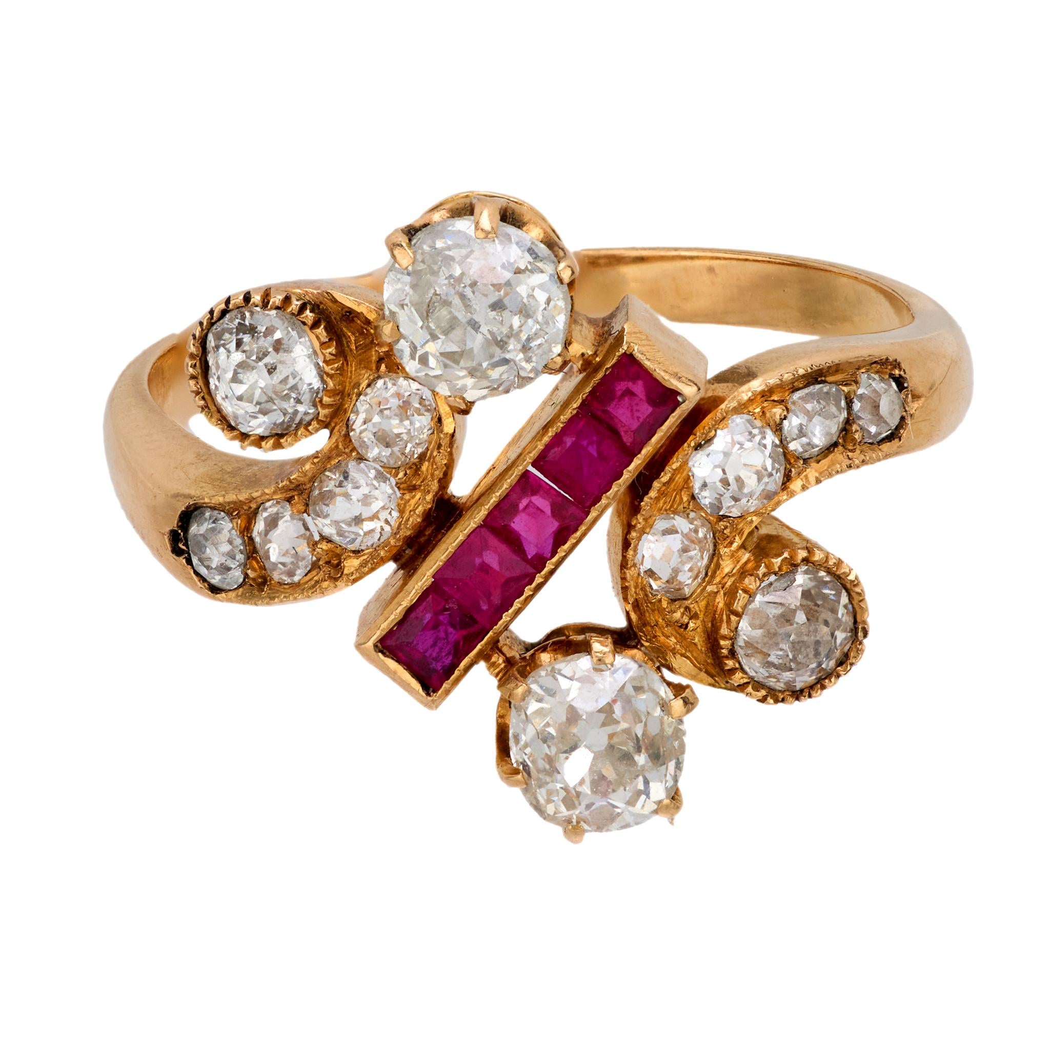 Victorian diamond ruby 18k rose gold ring