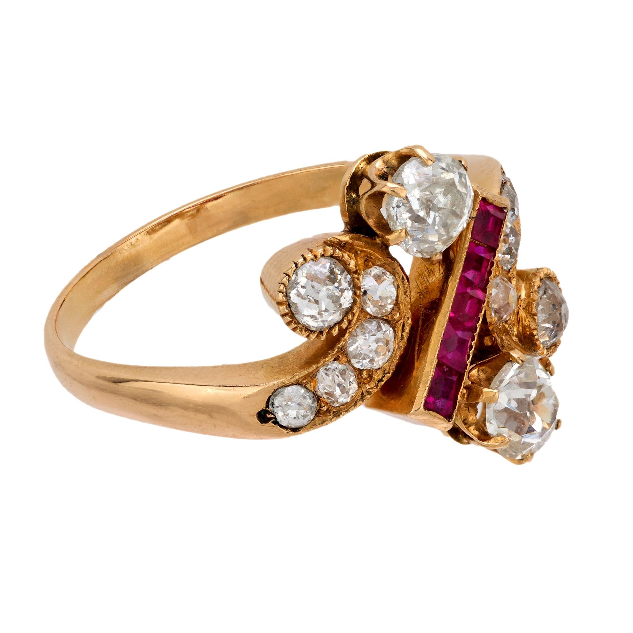 Victorian diamond ruby 18k rose gold ring