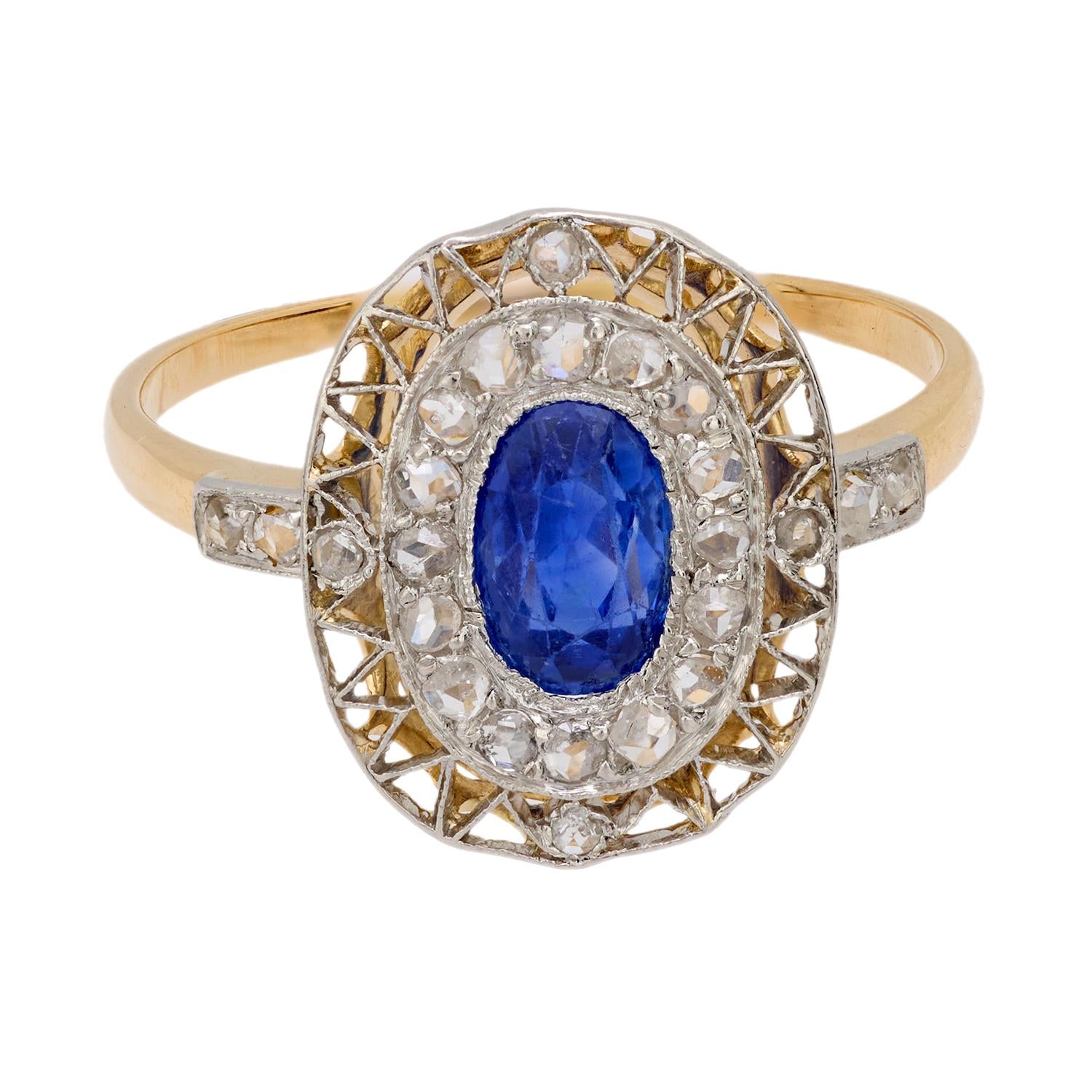 Edwardian sapphire diamond 18k yellow gold and platinum ring