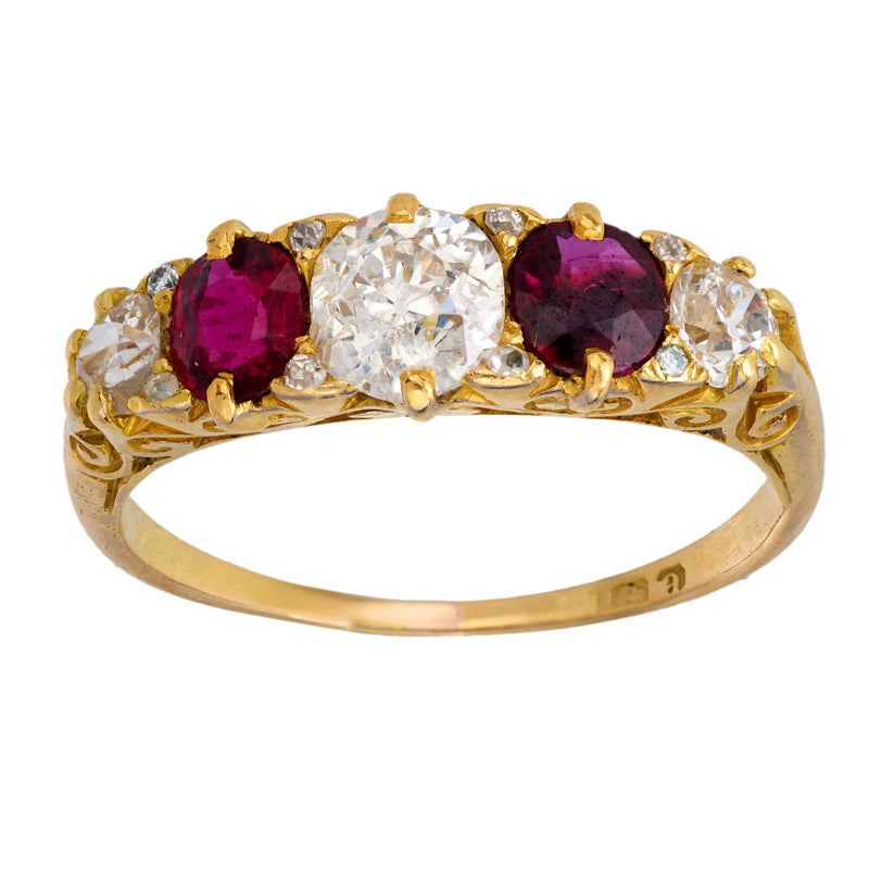Edwardian diamond ruby 18k yellow gold 5 stone ring