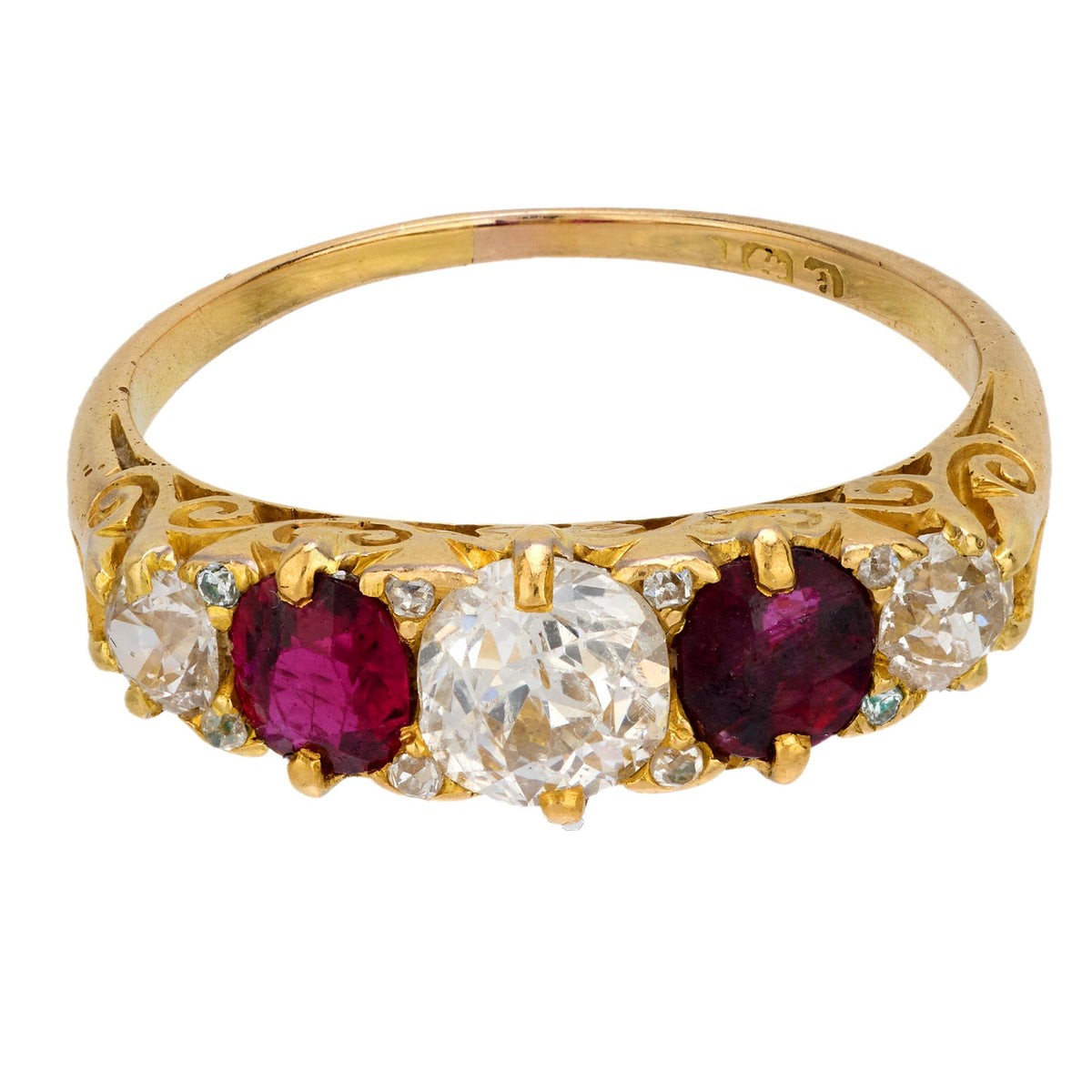 Edwardian diamond ruby 18k yellow gold 5 stone ring