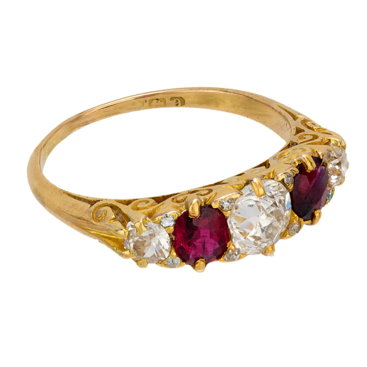 Edwardian diamond ruby 18k yellow gold 5 stone ring