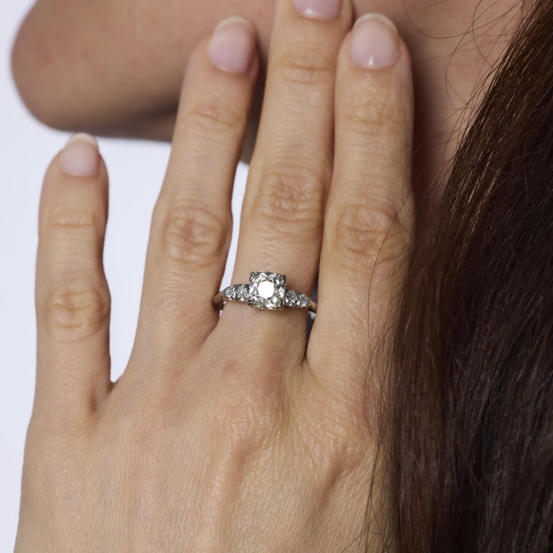Art Deco GIA 1.58 carat old mine cut diamond 14k white gold engagement ring