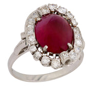 Mid Century 4.30 carat cabochon cut Burma ruby diamond platinum ring