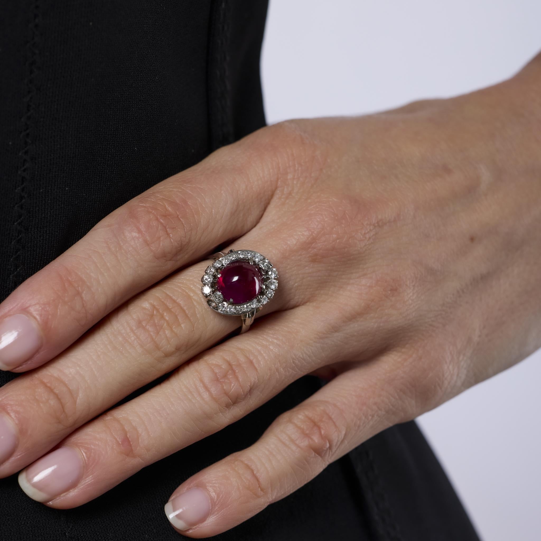 Mid Century 4.30 carat cabochon cut Burma ruby diamond platinum ring