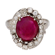 Mid Century 4.30 carat cabochon cut Burma ruby diamond platinum ring