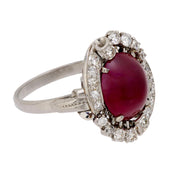 Mid Century 4.30 carat cabochon cut Burma ruby diamond platinum ring