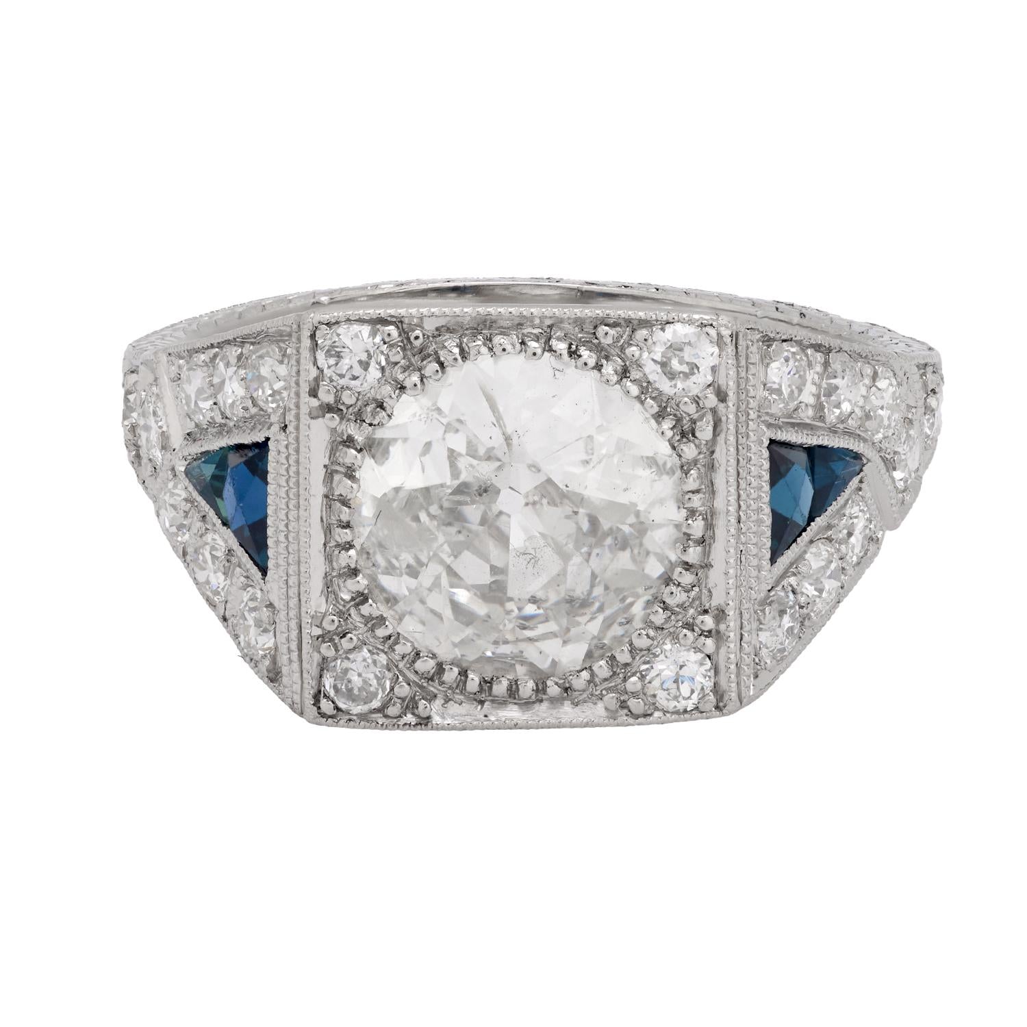 Art Deco GIA 2.11 carat diamond sapphire platinum engagement ring
