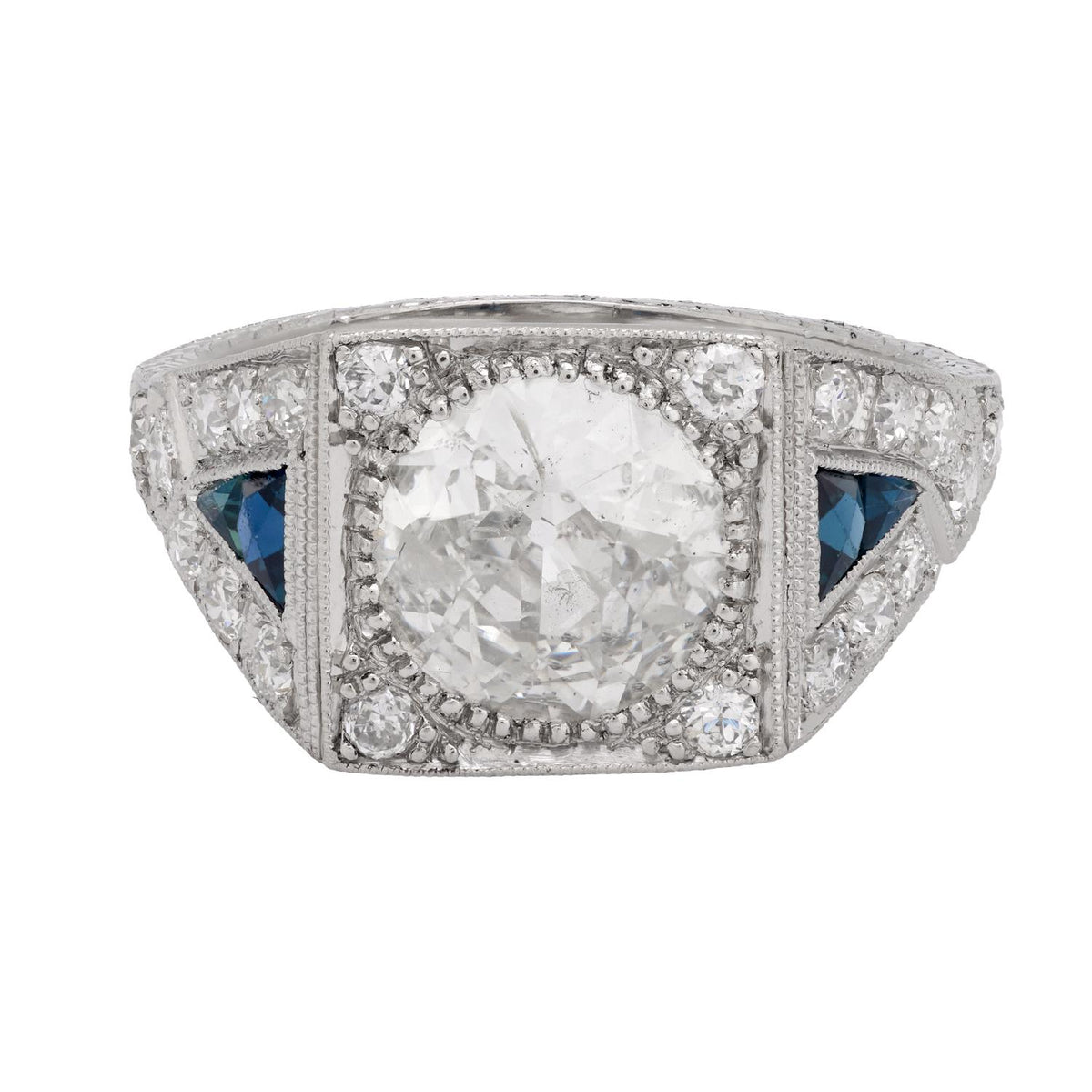 Art Deco GIA 2.11 carat diamond sapphire platinum engagement ring