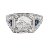 Art Deco GIA 2.11 carat diamond sapphire platinum engagement ring