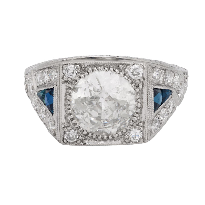 Art Deco GIA 2.11 carat diamond sapphire platinum engagement ring