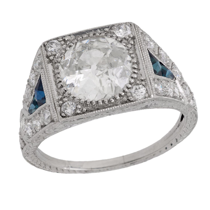 Art Deco GIA 2.11 carat diamond sapphire platinum engagement ring