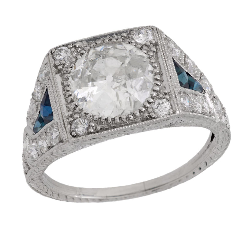 Art Deco GIA 2.11 carat diamond sapphire platinum engagement ring