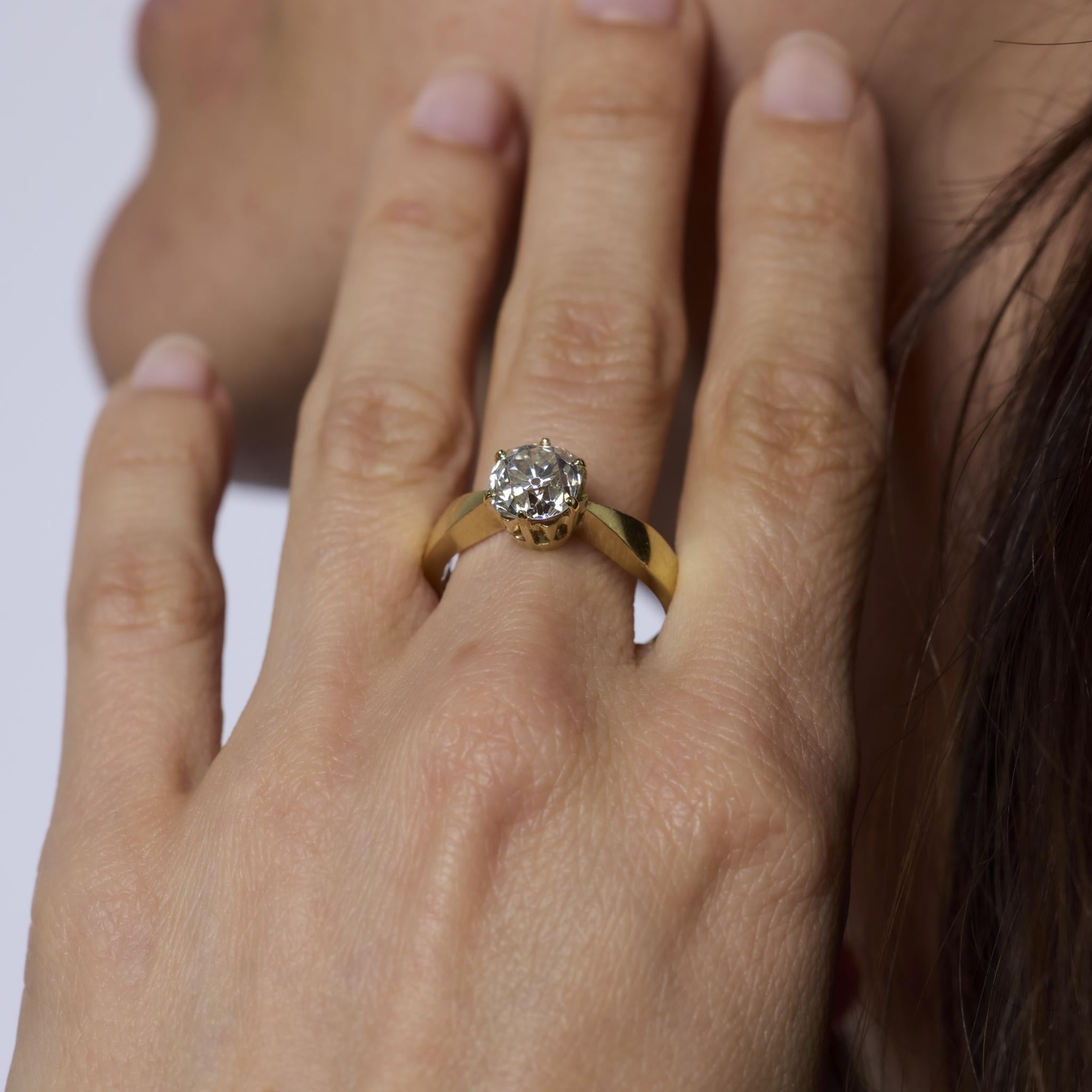 Vintage GIA 2.62 carat old mine diamond 14k yellow gold engagement ring