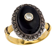 Vintage diamond onyx 18k yellow gold and silver ring