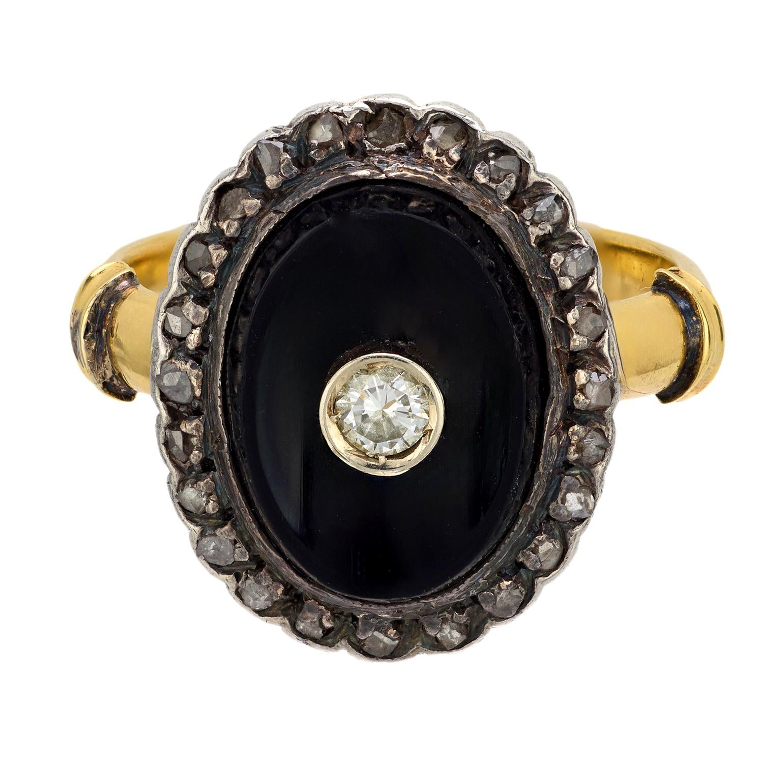 Vintage diamond onyx 18k yellow gold and silver ring