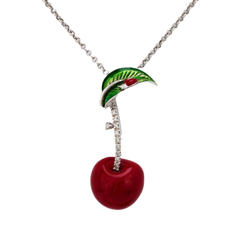Vintage Italian diamond 18k white gold, silver, enamel cherry necklace