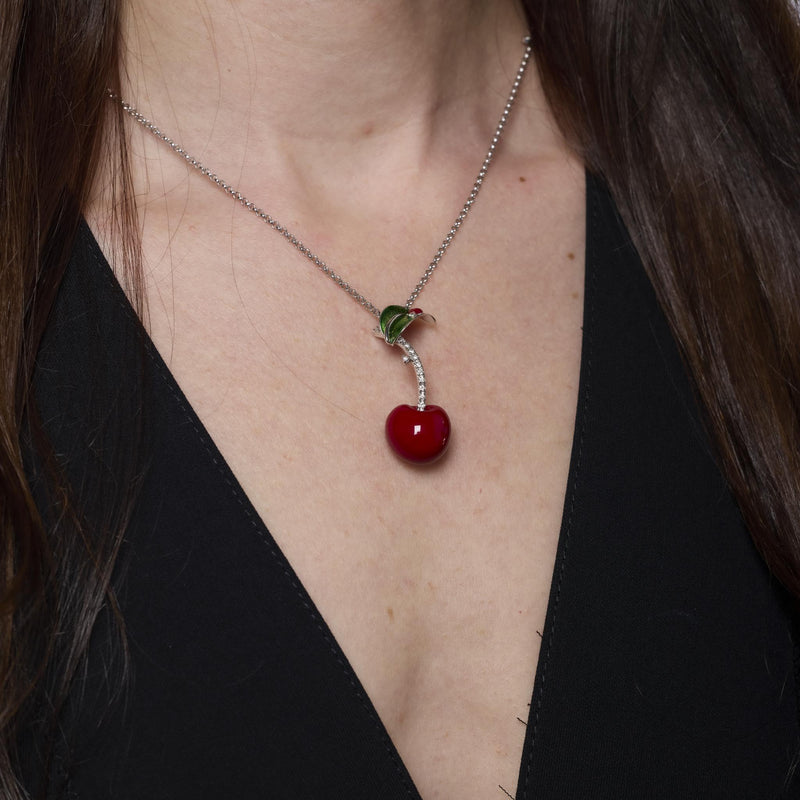 Vintage Italian diamond 18k white gold, silver, enamel cherry necklace
