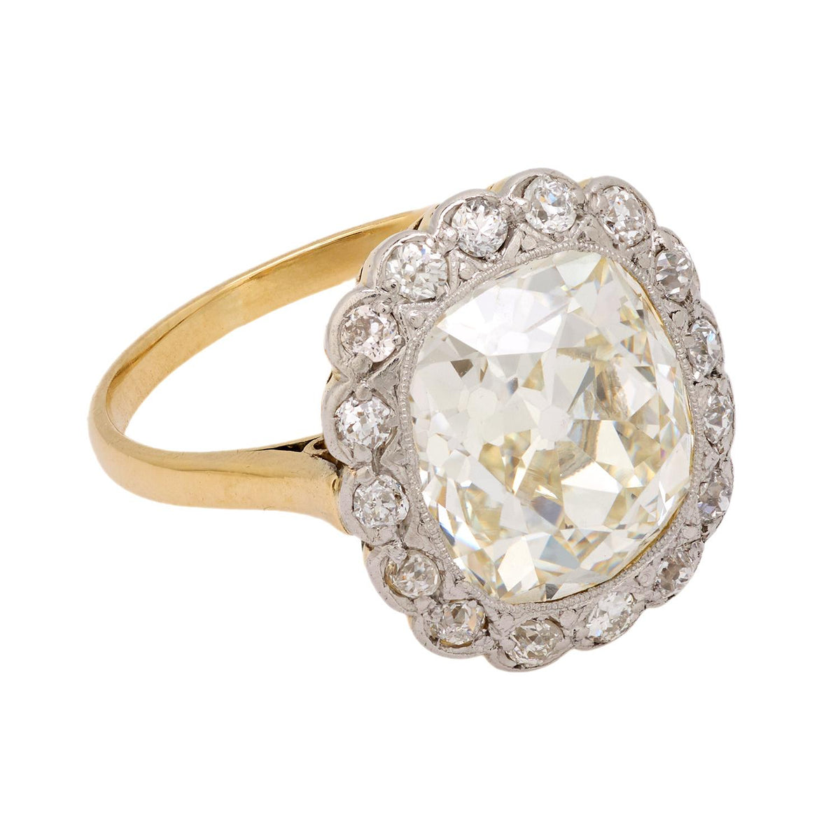 Edwardian GIA 5.04 carat old mine cut diamond 18k yellow gold engagement ring