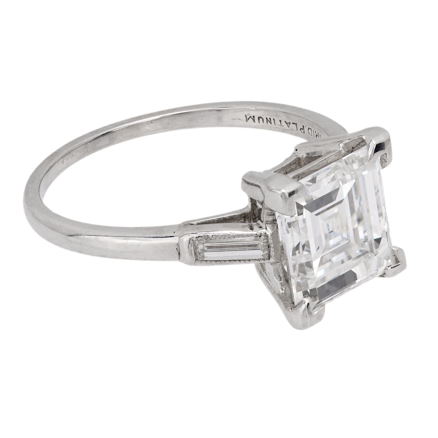 Art Deco GIA 2.56 carat carré cut diamond platinum engagement ring