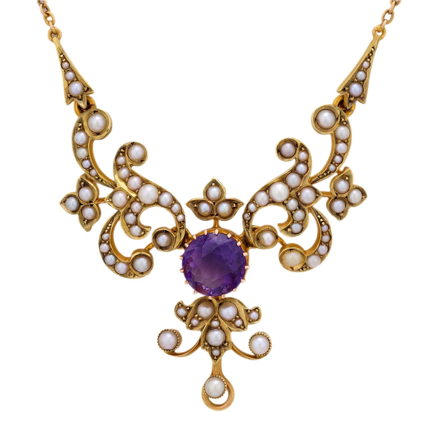 Victorian 1.95 carat amethyst pearl 14k yellow gold necklace